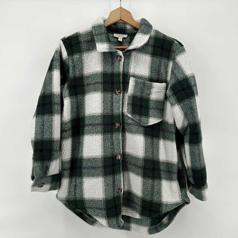 Como Blu Sherpa Shacket Womens Small Green White Buffalo Plaid Jacket Cabin Core